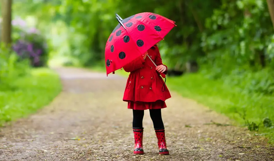 Grusgång med grönska på båda sidor, i mitten flicka klädd i röd kappa, röda strumpor, röda regnstövlar och ett rött paraply som täcker ansiktet