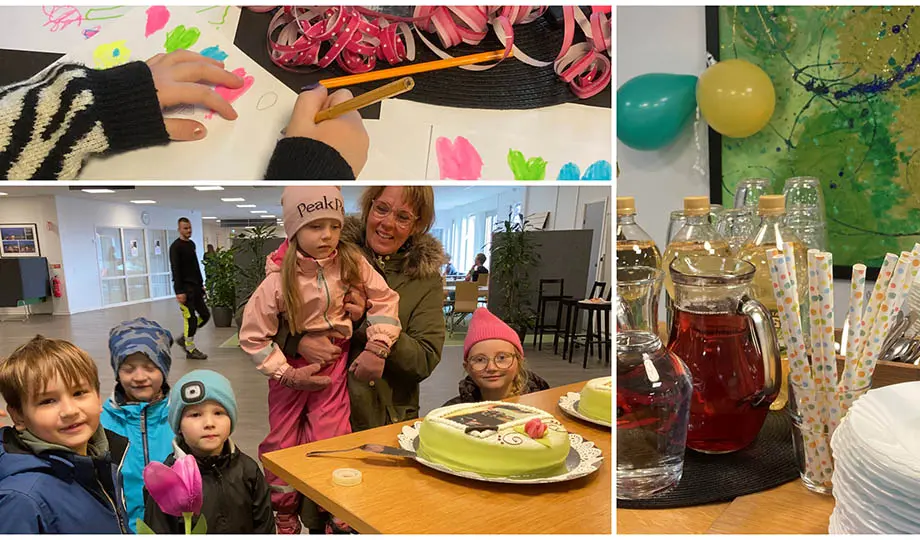 Tre bilder, rosa girlanger, barnhänder som ritar, fem barn och en kvinna vid bord med gröna marsipantårtor, röd saft i kannor, prickiga sugrör, ballonger, vita assietter, glas, stora PET-flaskor 