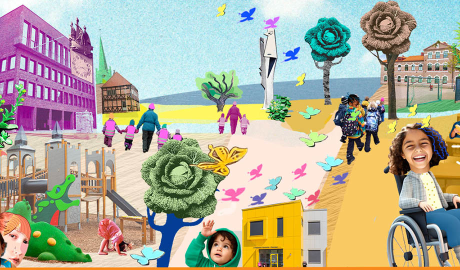 illustration med barn, elever, träd, rådhuset i halmsstad
