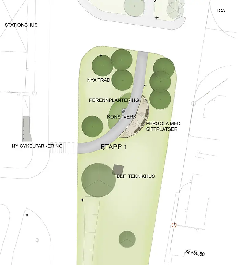 Kartbild över ett grönområde i Harplinge centrum. 