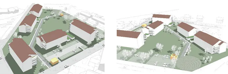 Planförslag med grupperad ny bebyggelse, parkeringar och en bostadsgård i mitten. 