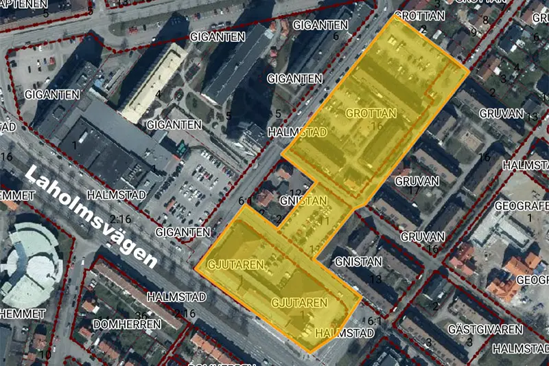 Karta som visar berörda kvarter runt Nyhems centrum. Förutom själva centrum berörs även parkeringen och husen mitt emot Giganten. 