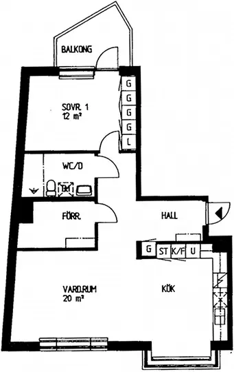 Ritning över en tvårumslägenhet på 69 kvadratmeter, plus förråd på 5 kvadratmeter.