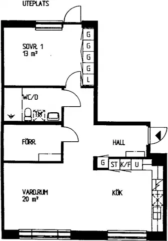 Ritning över en tvårumslägenhet på 67 kvadratmeter, plus förråd på 5 kvadratmeter.