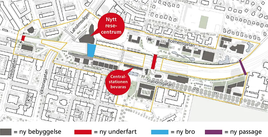 Kartbild som visar nya byggnader, en ny resecentrumbyggnad vid Laholmsvägen, en tunnel vid Fredsgatan och två nya broar över spåren. 