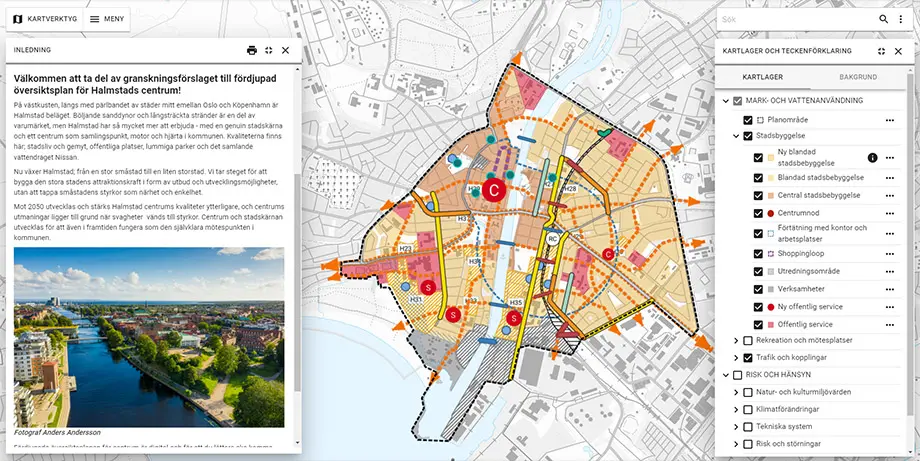 Skärmavbild från digital version av planen. Kartbild över centrum.