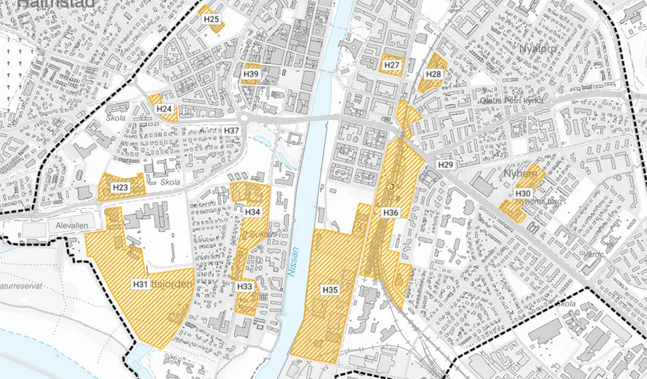 Kartbild som beskriver var de nya bostadsområdena i centrum pekas ut. Områdena beskrivs nedan i texten.