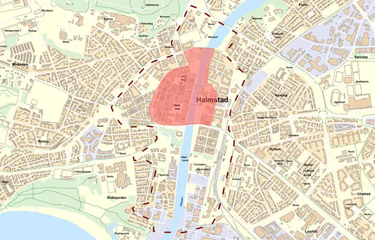 Karta som visar området för Stadens hjärta i centrala Halmstad.