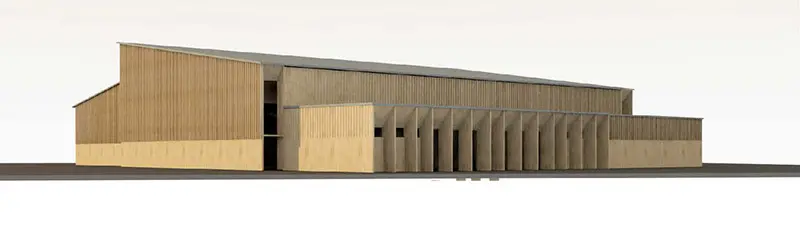Illustration av en möjlig utformning av idrottshallen. Byggnaden har träfasad.