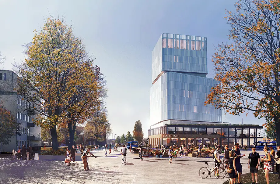 Vy från Kulturtorget. Framför den nya byggnadens saluhall är torghandel. 