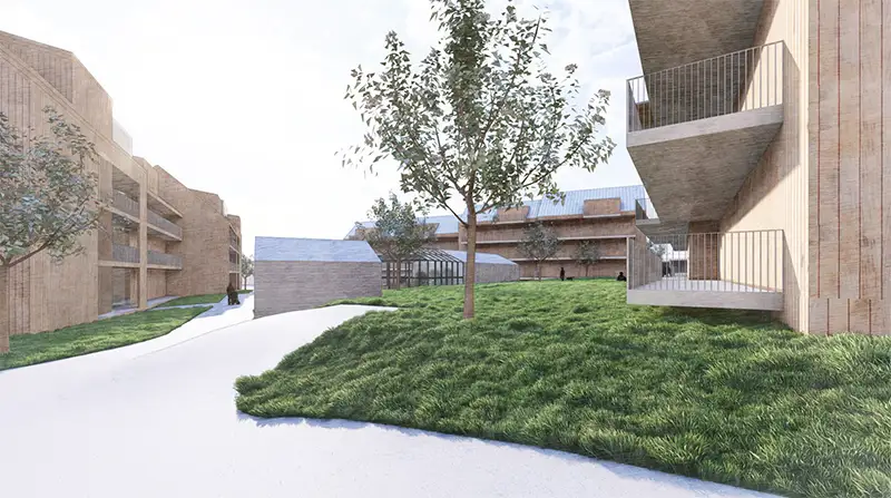 Skiss över framtida möjlig bebyggelse. Hus i tre plan med en gång och grönska emellan. 