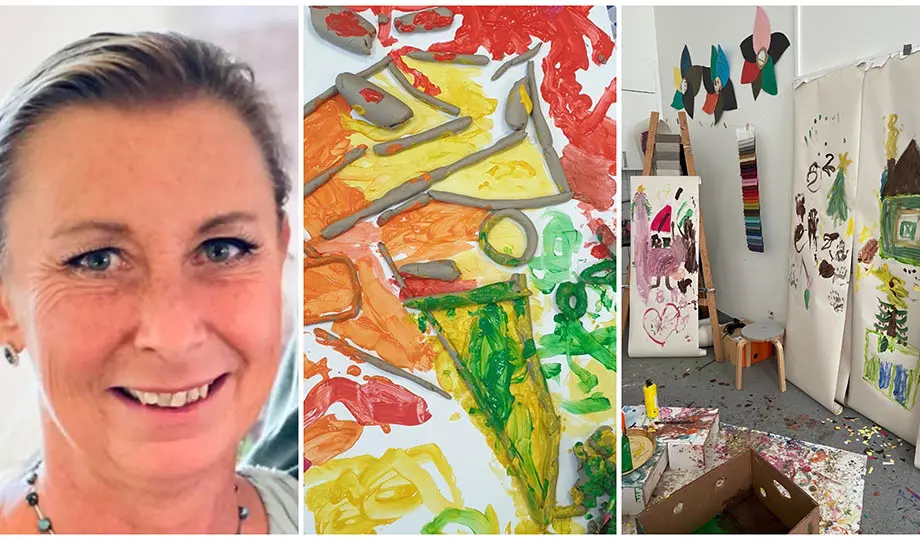 Tre bilder i en, närbild på kvinna som ler, närbild på barnens konst med färg och lera, förskolans ateljé med målningar på vägg och stativ och färg på golvet