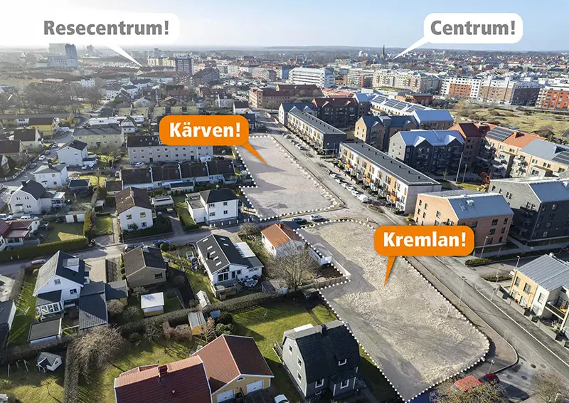 Flygbild över Kärven och Kremlan. Bakom ligger högre bostadshus och längre bort skymtar centrum. Framför fastigheterna finns äldre villor. 