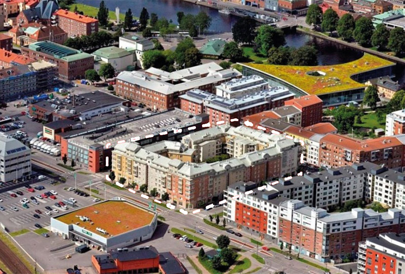 Flygbild över kvarteret Jonglören. I bakgrunden syns Stadsbiblioteket. 