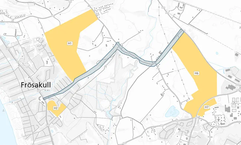 Karta som visar vägens planerade sträckning och kommande bostadsområden.  