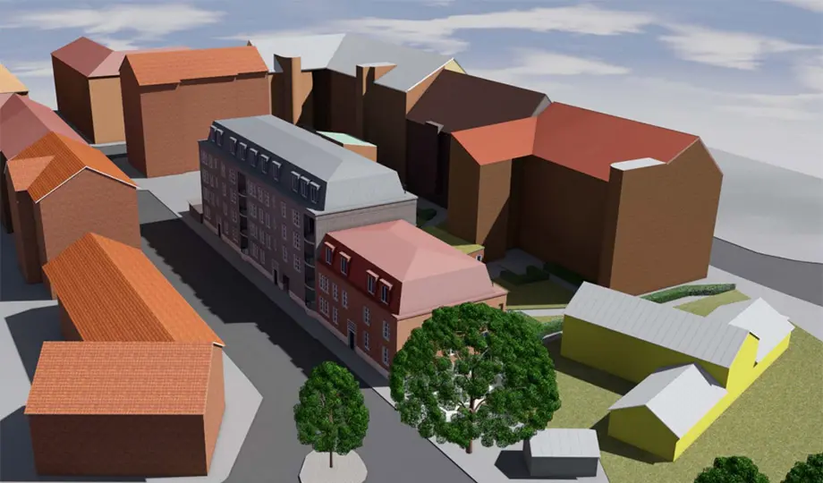 Illustration som visar hur förtätningen av bostäder skulle kunna se ut, med vyn Stenvinkelsgatan från väst.