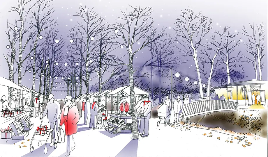 En visionsbild av en julmarknad i Norre katts park. En levande park dygnet runt, året om är målbild.