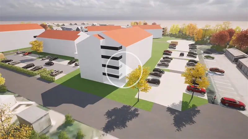 Stillbild från en film som visar en 3d-visualiering av planförslaget, med hus och en vändplats ovanifrån.